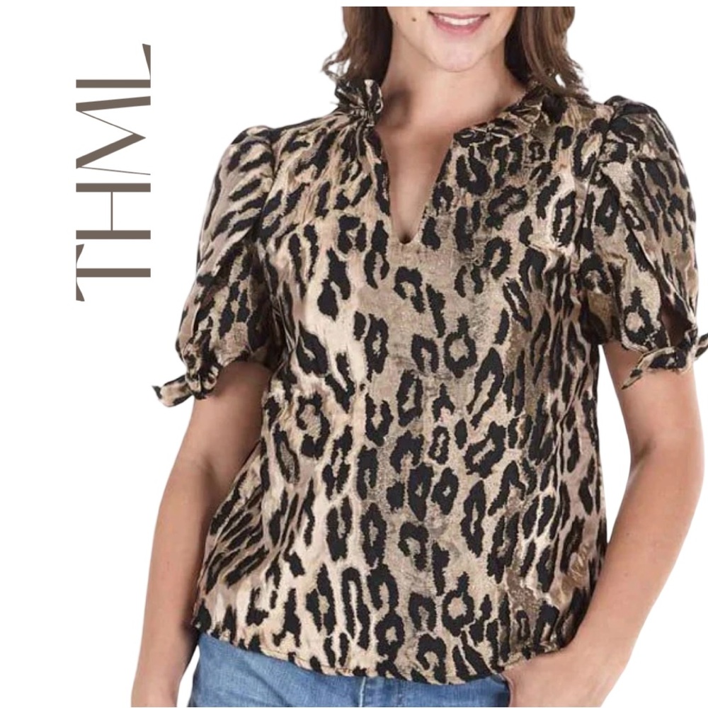 THML Leopard Print Metallic Puff Sleeve Women's Top Sz S EUC